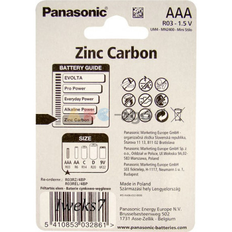 4x BATERIE Zinc-Carbon PANASONIC R3 LR03 AAA