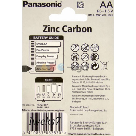 4x BATERIE Zinc-Carbon PANASONIC R6 LR06 AA